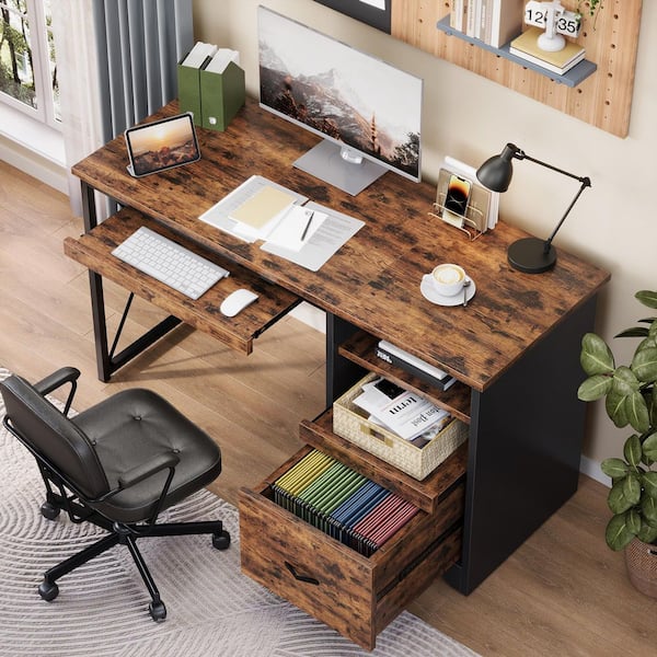 48 in. Rectangular Rustic Brown Reversible Office Desk with Drawer and Pull-Out Shelf, Writing Desk with Keyboard Tray