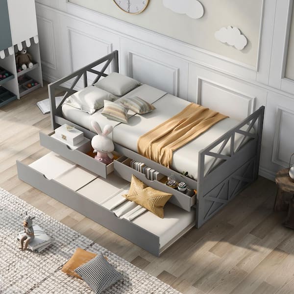 Harper & Bright Designs Gray Twin Size Wood Daybed with 2-Drawers and Trundle