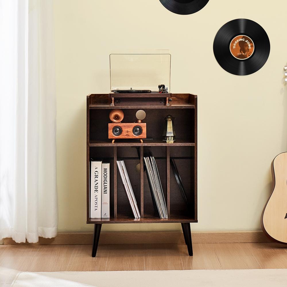 Brown Wood 3-Tier Record Player Stand with LED Light and USB Ports