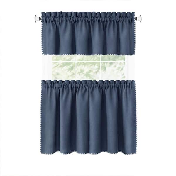 ACHIM Kendal Polyester Light Filtering Tier and Valance Window Curtain Set - 58 in. W x 24 in. L in Blue/White