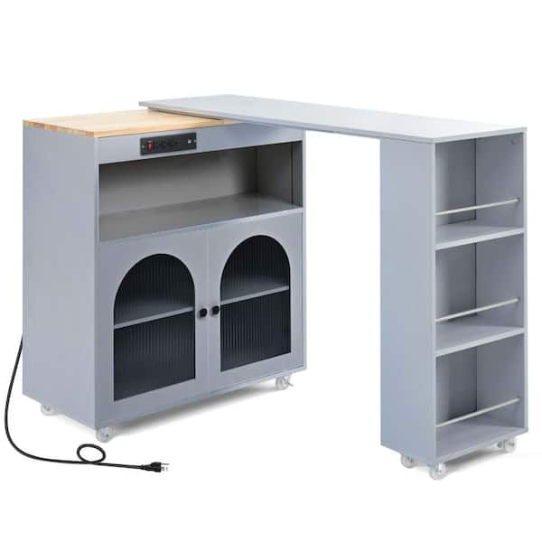 Unbranded Gray Wood 56.3 in. Kitchen Island with LED Lights, Power Outlets, 2 Fluted Glass Doors and Side 3 Open Shelves