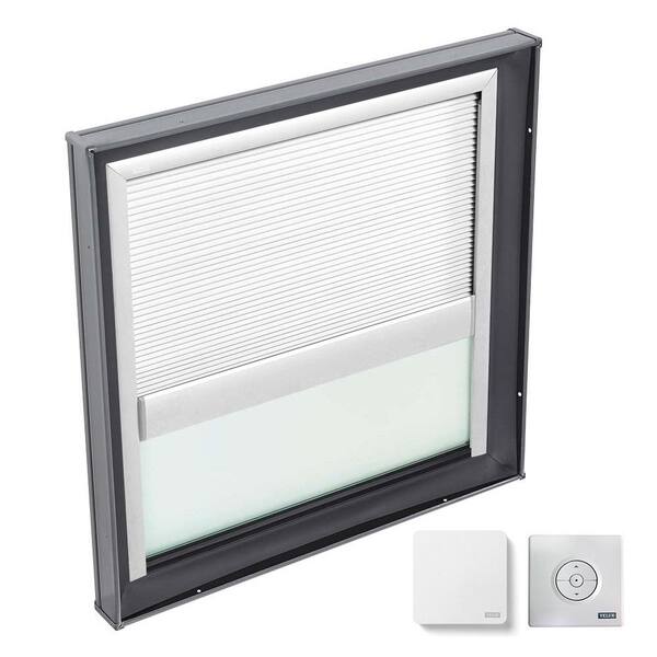 VELUX 22-1/2 in. x 22-1/2 in. Fixed Curb Mount Skylight w/ Tempered Low-E3 Glass & White Solar Powered Room Darkening Blind