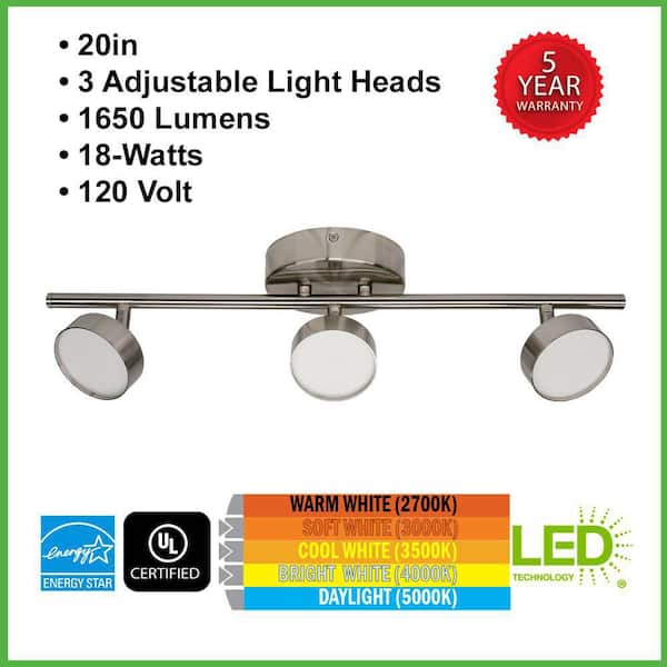 20 in. 3-Light Brushed Nickel Adjustable Color Temperature and Heads Integrated LED Fixed Track Lighting Kit