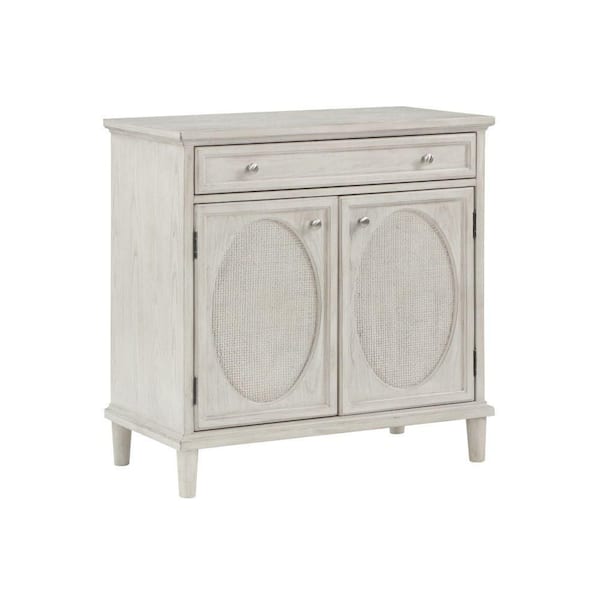 Light Gray Wooden 35 in. Washed Oval Rattan Front 2 Door and 1 Drawer Geometric Cabinet with Round Silver Knobs