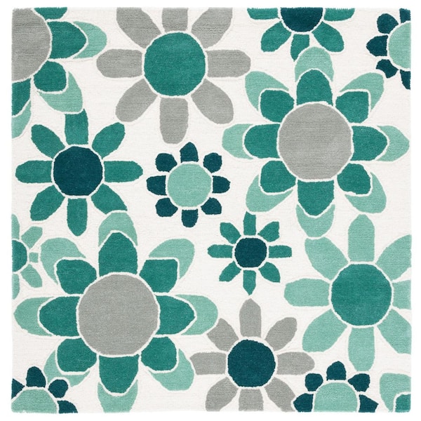 Kids 5 ft. x 5 ft. Ivory/Green Oversized Floral Square Area Rug