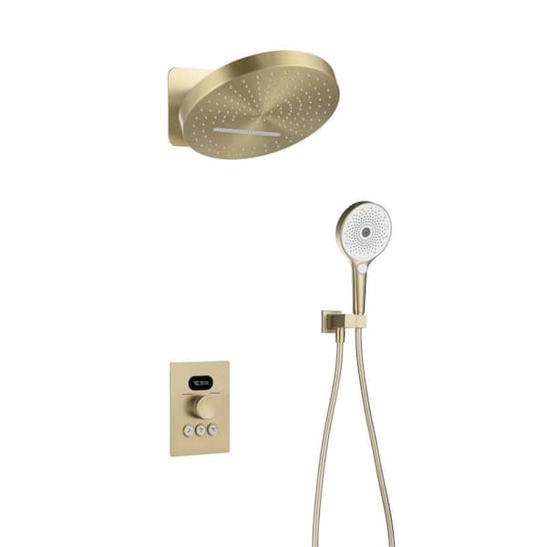 3-Spray Dual Wall Mount Fixed and Handheld Shower Head 4.76 GPM in Brushed Gold LED Digital Display Thermostatic Value