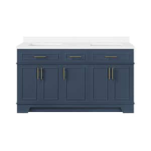 Emery 60 in. W x 22 in. D x 34 in. H Double Sink Bath Vanity in Midnight Blue with White Engineered Stone Top