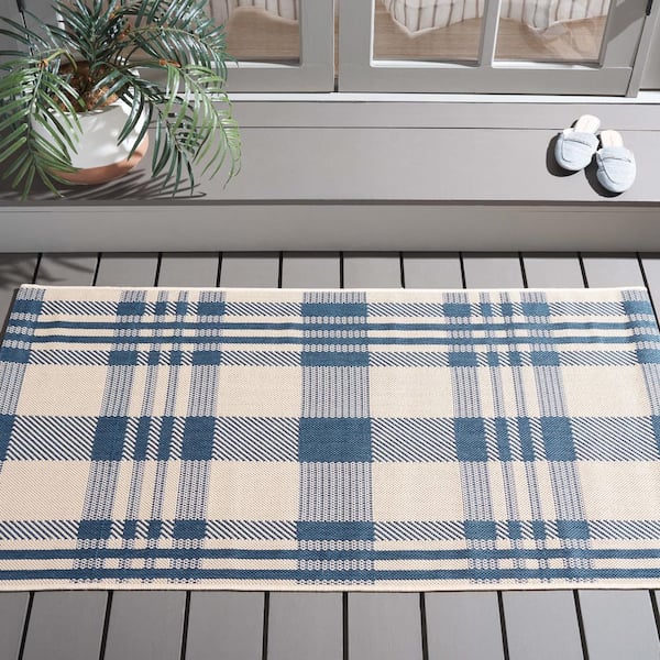 Courtyard Beige/Blue Doormat 3 ft. x 5 ft. Striped Indoor/Outdoor Patio Area Rug