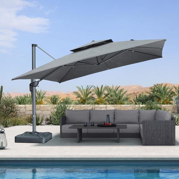 12 ft. Square Sunbrella Double Top Outdoor Aluminum 360° Rotation Cantilever Patio Umbrella in Gray