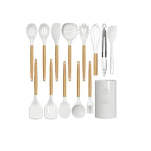 14-Piece Silicon Cooking Utensils Set with Wooden Handles and Holder for Non-Stick Cookware, White