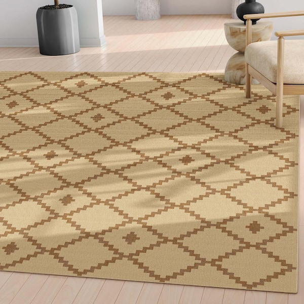 Beige 5 ft. x 7 ft. Flat-Weave Well-Jute Printed Akita Moroccan Lattice Area Rug