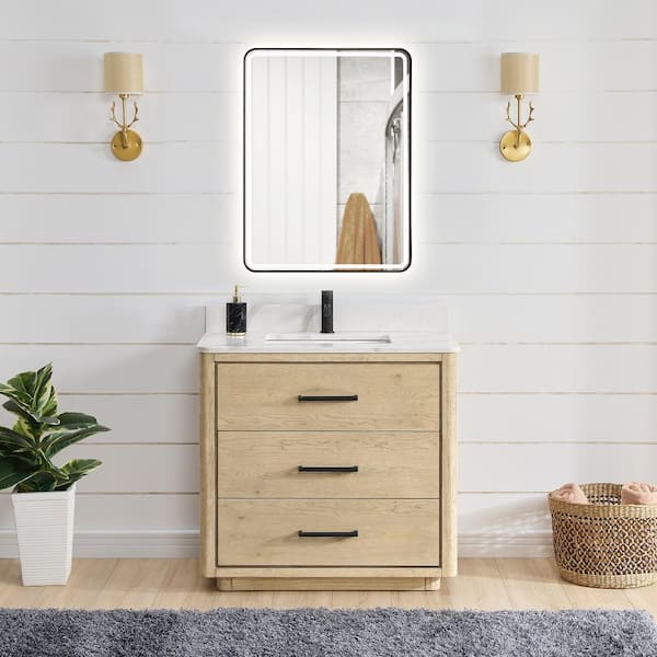 ROSWELL Porto 36 in. W x 22 in. D x 33.8 in. H Single Sink Bath Vanity in Natural Oak with White Quartz Stone Top