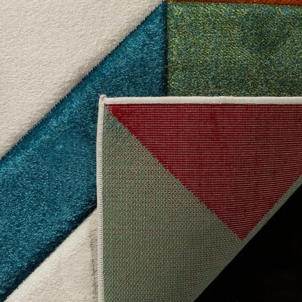 Ivory and Peacock Blue Geometric Mid-Century Modern Area Rug