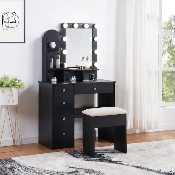 PERRLY 5-Drawers Onyx Black Makeup Vanity Set with Mirror, Stool, LED Lights, Charging Station and 5 Open Shelves