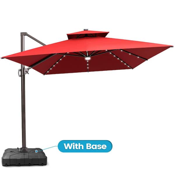 Crestlive Products 13 ft. x 10 ft. LED Rectangular Swivel Double Cantilever Patio Umbrella in Red with 220 lbs. HDPE Base