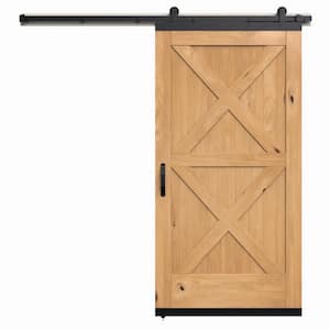 36 in. x 80 in. Karona Crossbuck Clear Stained Rustic White Oak Wood Sliding Barn Door with Hardware Kit