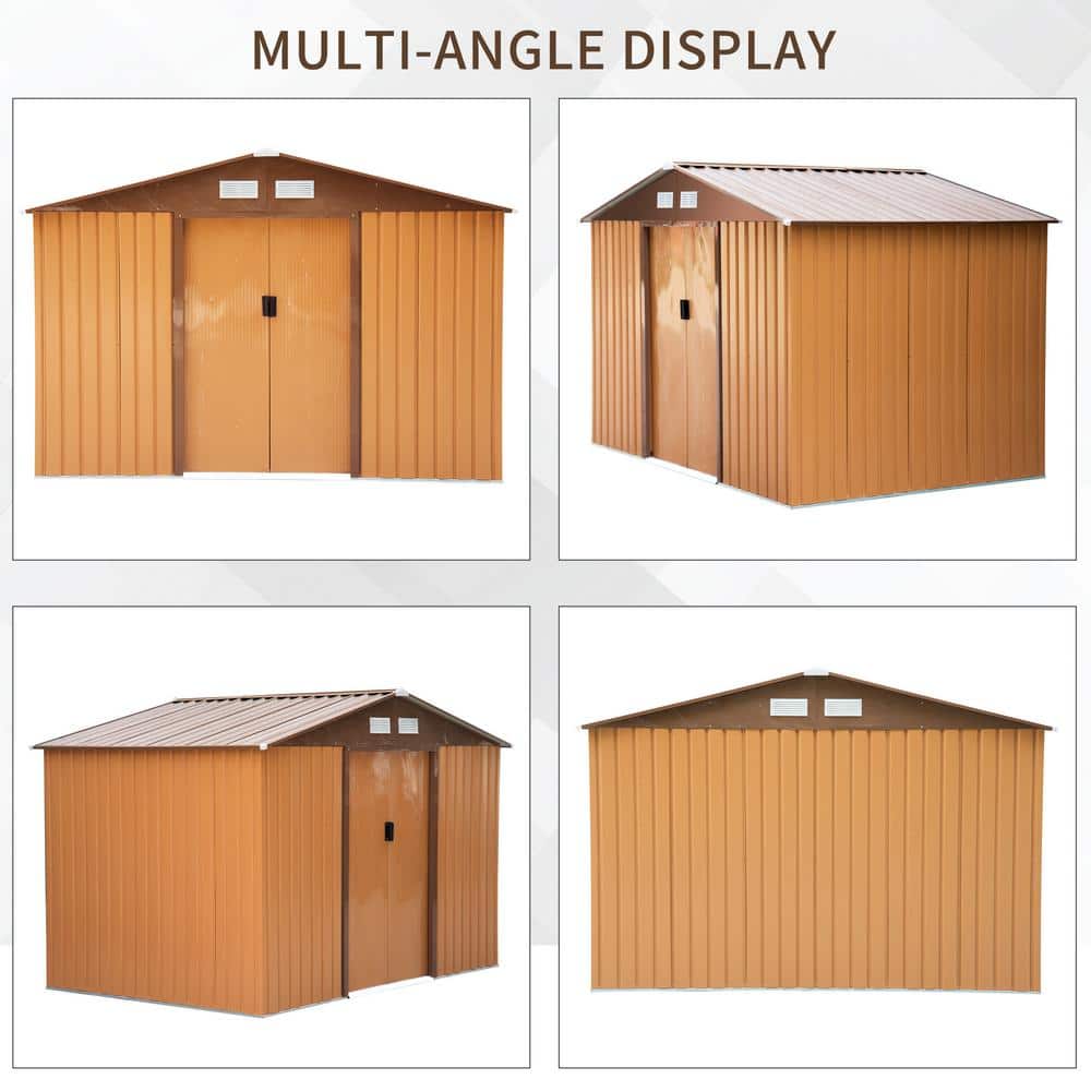 Brown Metal Outdoor Storage Shed with Windows and Kit