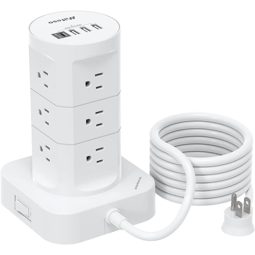 Etokfoks 6 ft. Flat Plug Heavy-Duty Extension Cord, Surge Protector Power Strip Tower - 12 Outlets with 4 USB Ports (1 USB C), White -  MLPH005LT301