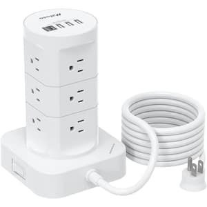 6 ft. Flat Plug Heavy-Duty Extension Cord, Surge Protector Power Strip Tower - 12 Outlets with 4 USB Ports (1 USB C)