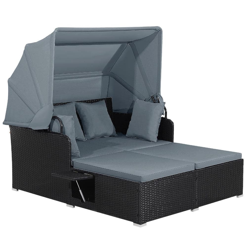 65 in. PE Rattan Patio Daybed with Retractable Canopy, Side Tables and Cushions, Gray