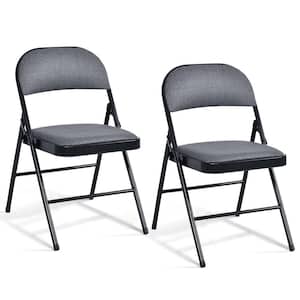 Black Folding Chairs Fabric Upholstered Padded Seat Metal Frame Home Office (Set of 2)