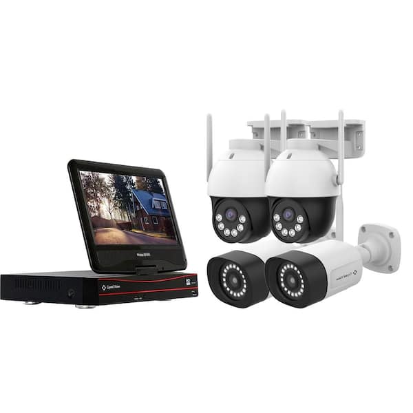 Crystal Vision 8CH Wireless NVR Surveillance kit, 10.1 in. & 2TB HDD (2x 3MP Floodlight Audio, 2x Pan-tilt Audio Panic Siren Cameras)