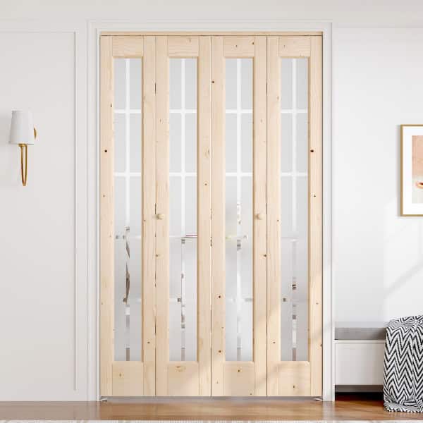 48 in. x 80 in. 3/4 Lite Frosted Glass Preassembled Solid Core Wood Spruce Bi-fold Door with Hardware