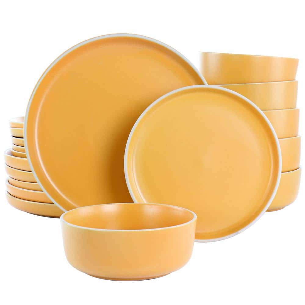 GIBSON HOME 18 Piece Round Matte Yellow Stoneware Dinnerware Set