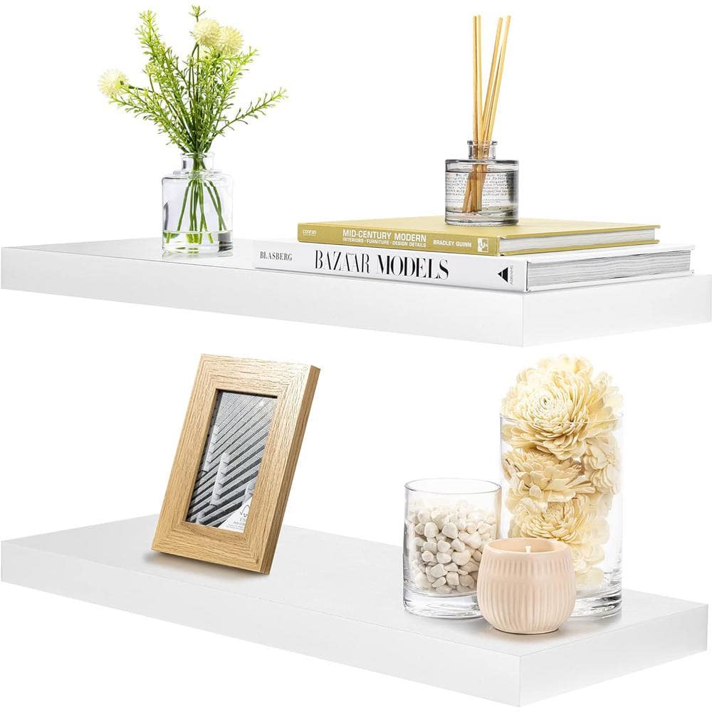 Modern White Faux Wood 25'' Floating Wall Shelf Set