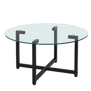 Modern 35.44 in. Transparent Small Round Glass Coffee Table with Black Leg