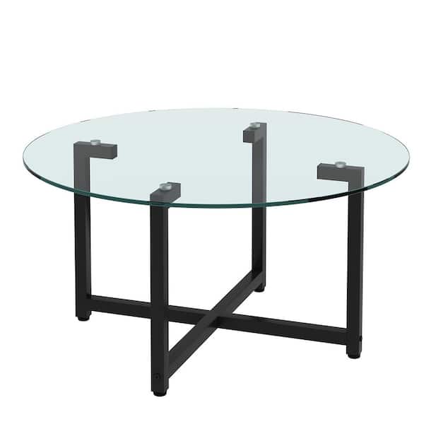 Unbranded Modern 35.44 in. Transparent Small Round Glass Coffee Table with Black Leg