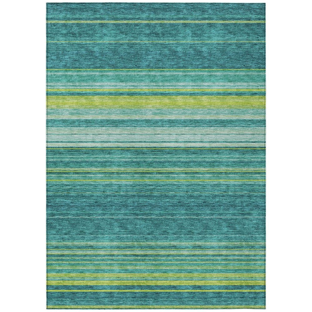 Teal Striped Machine Washable Indoor/Outdoor Rug 3' x 5'