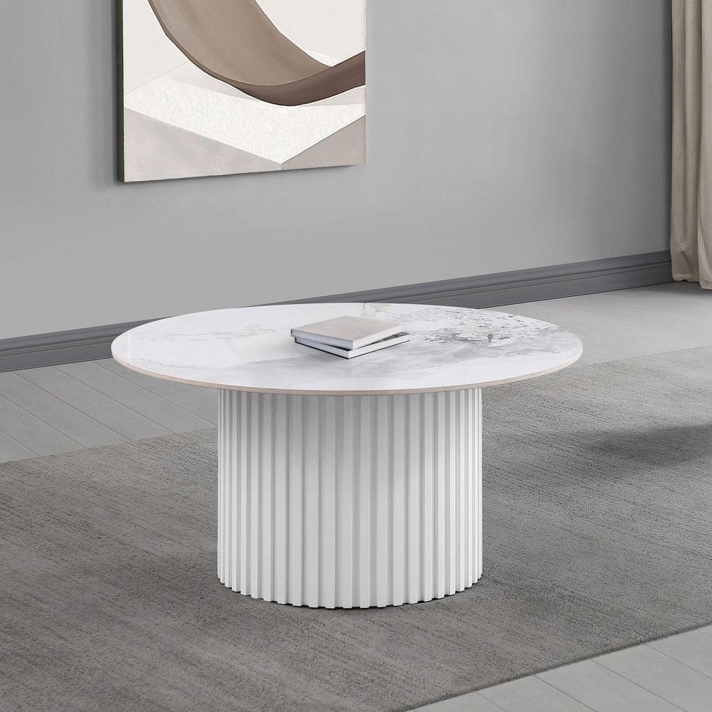 Rowena Round White Faux Marble and Wood Coffee Table