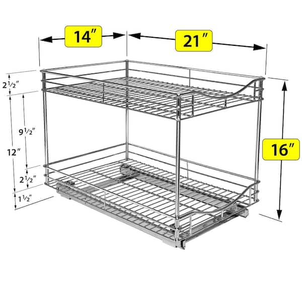 Fulgente Chrome Finish Pull Out Drawer Cabinet Organizer, Professional Wire Frame 2 Tier Heavy Duty Slide Out Kitchen Cabinet Storage Shelves, Sliding