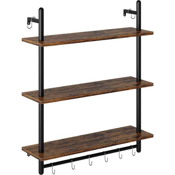 Unbranded 31.5 in. W x 9.4 in. D Rustic Brown 3 Tier Floating Shelves with Towel Bar Decorative Wall Shelf