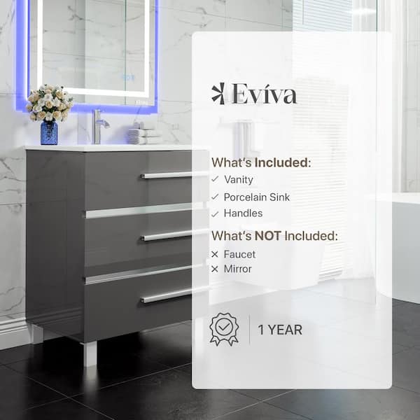 Eviva Deluxe 32 in. W x 18 in. D x 34 in. H Single Freestanding Bath Vanity in Gray with White Porcelain Integrated Sink Top Eviva Deluxe 32 in. W x 18 in. D x 34 in. H Single Freestanding Bath Vanity in Gray with White Porcelain Integrated Sink Top