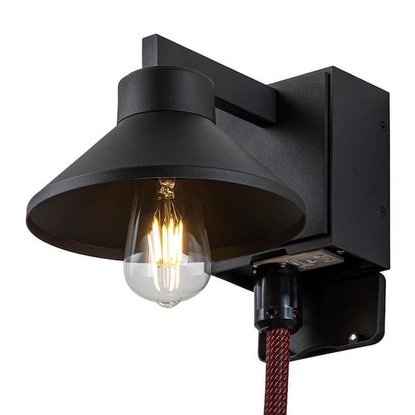 Laplusbelle 1-Light Matte Black Hardwired Outdoor Barn Light Sconce with GFCI Outlet 1-Pack