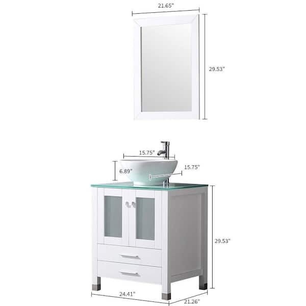 Wonline 24 in. W x 21.7 in. D x 60 in. H Single Sink Bath Vanity in White with Green Glass Top and Mirror