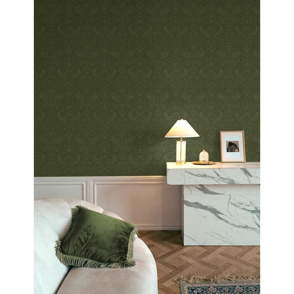 Moss Green Tonal Bird Garden Pre-Pasted Paper Wallpaper Roll (57.5 sq. ft.)