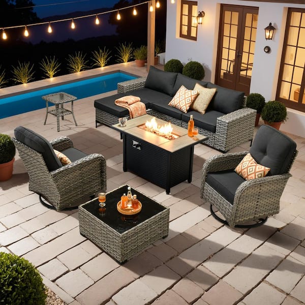 Verano 9-Piece Wicker Outdoor Patio Conversation Sofa Swivel Chairs Set with Metal Fire Pit and Black Cushions
