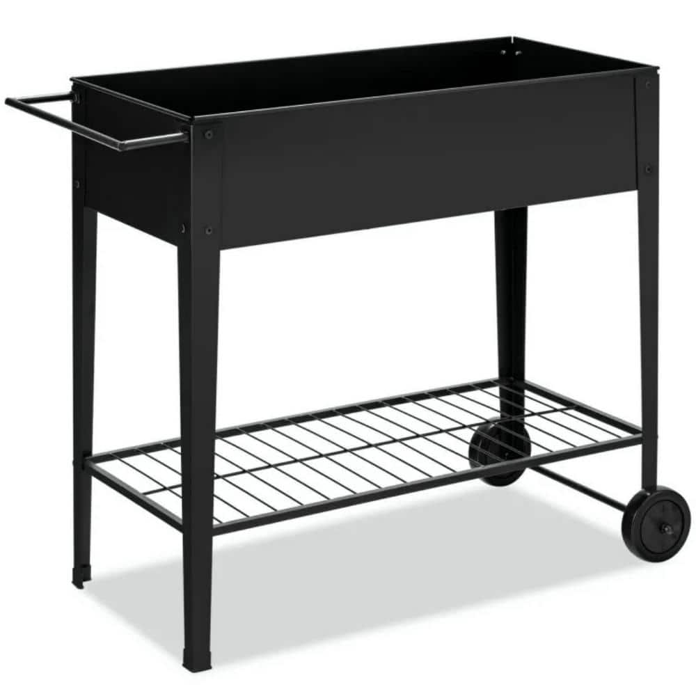 Black Iron Elevated Planter Box on Wheels with Non-Slip Legs and Storage Sh