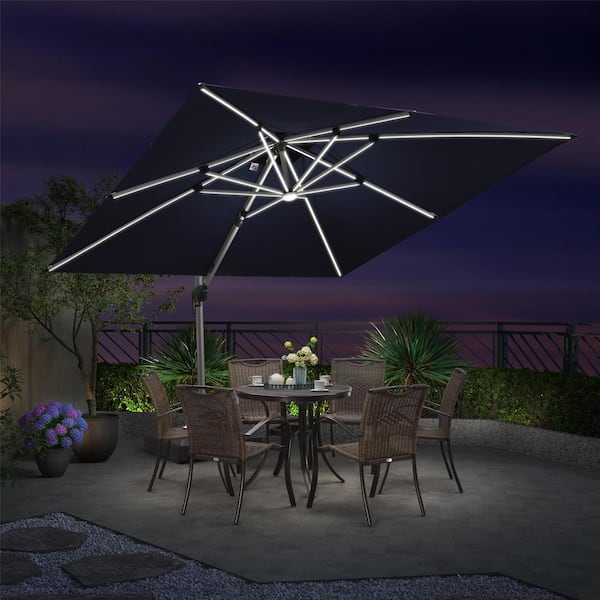 PURPLE LEAF 10 ft. Square Aluminum Solar Powered LED Patio Cantilever Offset Umbrella with Base, Navy Blue