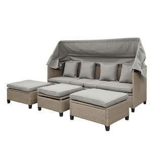 4-Piece UV-Proof Resin Wicker Patio Sofa Set with Retractable Canopy and Lifting Table, Brown Cushions