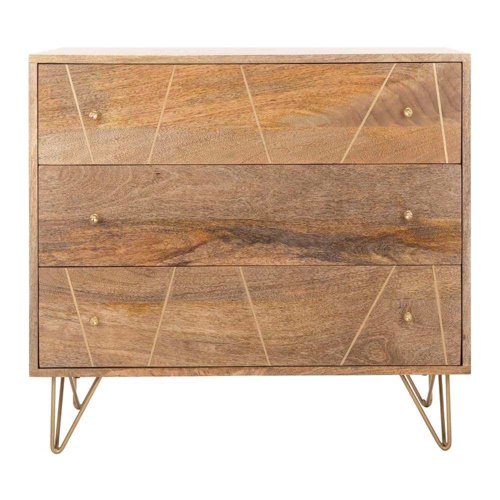 Transitional 32'' Natural Wood and Brass 3-Drawer Chest