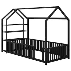 Gray Metal Frame Twin Platform Bed with Fence and Detachable Storage Shelves