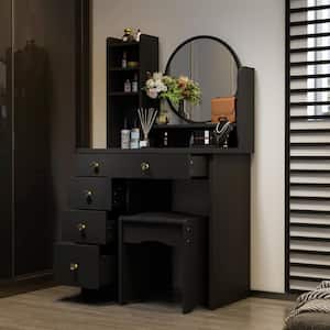 5-Drawers Black Makeup Vanity Sets Dressing Table Set with Stool, Mirror and Storage Shelves Girls Dressing Table