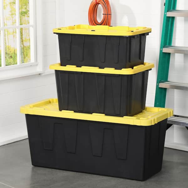 HDX 27 Gal. Tough Storage Tote in Black with Red Lid 206217 - The Home Depot