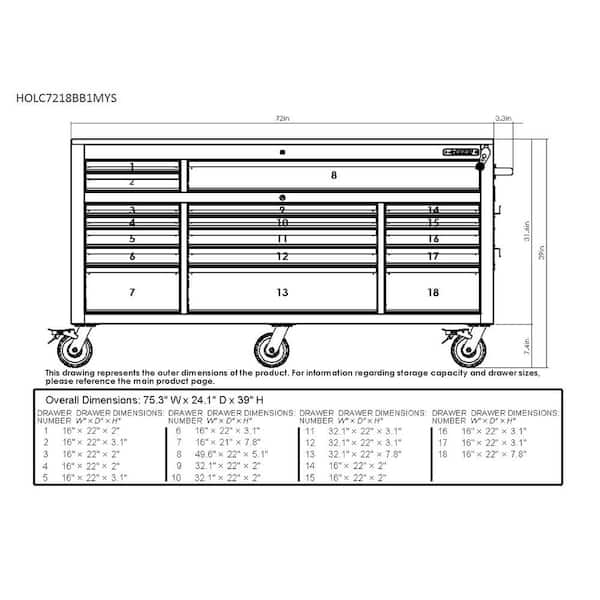 72 in. W x 24 in. D Heavy Duty 18-Drawer Mobile Workbench Cabinet with Adjustable-Height Hardwood Top in Matte Black