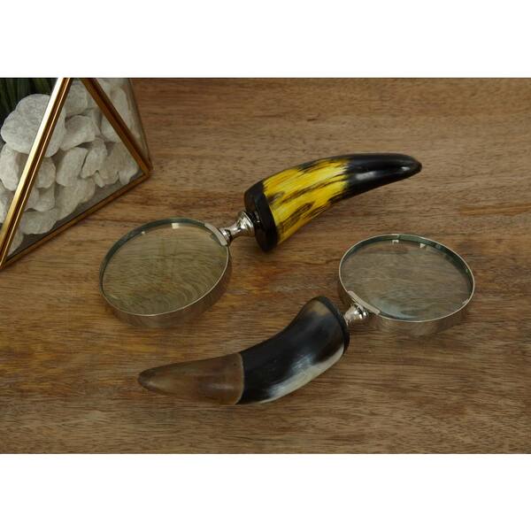 Litton Lane 8 in. x 3 in. Decorative Brass and Water Buffalo Horn Magnifying Glass (3-Pack)