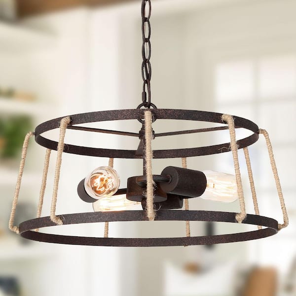 LNC Bronze Farmhouse Drum 3-Light Chandelier Vintage Cage Island Pendant Chandelier with Hemp Cord